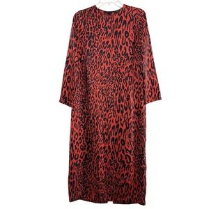ZARA Woman Red Black Leopard Print Midi Dress Long Sleeve Size S